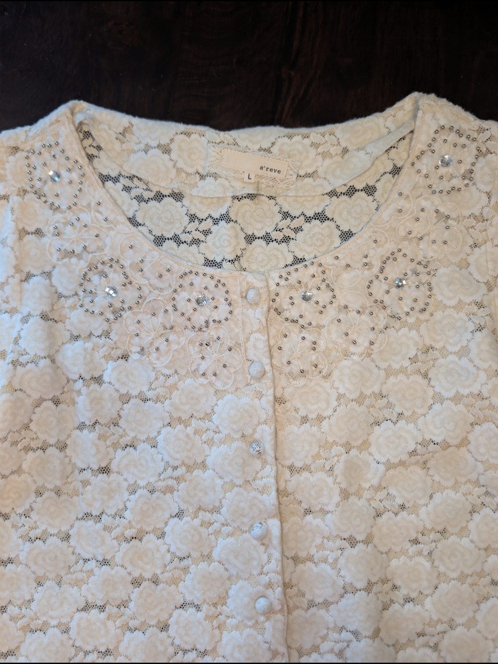 A'Reve Anthropologie Cream Lace Beaded Cardigan Sweater L Women's Quiet Luxury